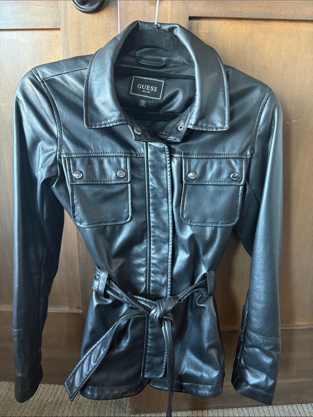 GUESS Black Faux-Leather Belted Utility Jacket